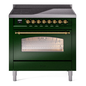 ILVE Nostalgie II 36-Inch Induction Range with 6 Induction Elements, 3.5 cu. ft. Oven, Emerald Green with Brass Trim, Triple Glass Door, UPI366NMPEGG