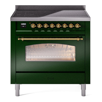 ILVE Nostalgie II 36-Inch Induction Range with 6 Induction Elements, 3.5 cu. ft. Oven, Emerald Green with Brass Trim, Triple Glass Door, UPI366NMPEGG