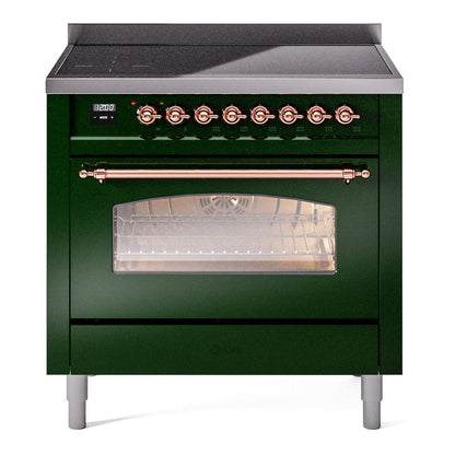 ILVE Nostalgie II 36-Inch Induction Range with 6 Induction Elements, 3.5 cu. ft. Oven, Emerald Green with Copper Trim, Triple Glass Door, UPI366NMPEGP
