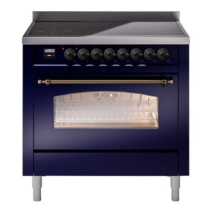 ILVE Nostalgie II 36-Inch Induction Range with 6 Induction Elements, 3.5 cu. ft. Oven, Midnight Blue with Burnished Trim, Triple Glass Door, UPI366NMPMBB