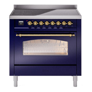 ILVE Nostalgie II 36-Inch Induction Range with 6 Induction Elements, 3.5 cu. ft. Oven, Midnight Blue with Brass Trim, Triple Glass Door, UPI366NMPMBG