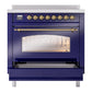 ILVE Nostalgie II 36-Inch Induction Range with 6 Induction Elements, 3.5 cu. ft. Oven, Midnight Blue with Brass Trim, Triple Glass Door, UPI366NMPMBG