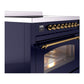 ILVE Nostalgie II 36-Inch Induction Range with 6 Induction Elements, 3.5 cu. ft. Oven, Midnight Blue with Brass Trim, Triple Glass Door, UPI366NMPMBG