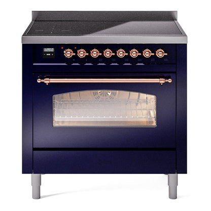 ILVE Nostalgie II 36-Inch Induction Range with 6 Induction Elements, 3.5 cu. ft. Oven, Midnight Blue with Copper Trim, Triple Glass Door, UPI366NMPMBP