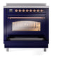 ILVE Nostalgie II 36-Inch Induction Range with 6 Induction Elements, 3.5 cu. ft. Oven, Midnight Blue with Copper Trim, Triple Glass Door, UPI366NMPMBP