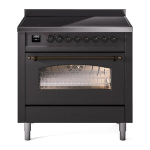 ILVE Nostalgie II 36-Inch Induction Range with 6 Induction Elements, 3.5 cu. ft. Oven, Graphite Matte with Burnished Trim, Triple Glass Door, UPI366NMPMGB