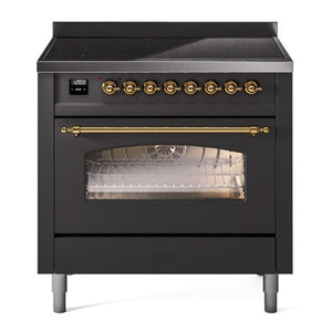 ILVE Nostalgie II 36-Inch Induction Range with 6 Induction Elements, 3.5 cu. ft. Oven, Graphite Matte with Brass Trim, Triple Glass Door, UPI366NMPMGG