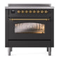 ILVE Nostalgie II 36-Inch Induction Range with 6 Induction Elements, 3.5 cu. ft. Oven, Graphite Matte with Brass Trim, Triple Glass Door, UPI366NMPMGG
