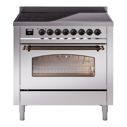 ILVE Nostalgie II 36-Inch Induction Range with 6 Induction Elements, 3.5 cu. ft. Oven, Stainless Steel with Burnished Trim, Triple Glass Door, UPI366NMPSSB