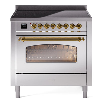 ILVE Nostalgie II 36-Inch Induction Range with 6 Induction Elements, 3.5 cu. ft. Oven, Stainless Steel with Brass Trim, Triple Glass Door, UPI366NMPSSG