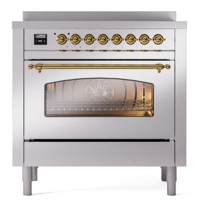 ILVE Nostalgie II 36-Inch Induction Range with 6 Induction Elements, 3.5 cu. ft. Oven, Stainless Steel with Brass Trim, Triple Glass Door, UPI366NMPSSG