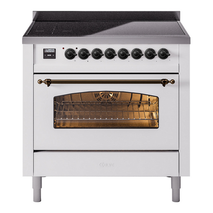 ILVE Nostalgie II 36-Inch Induction Range with 6 Induction Elements, 3.5 cu. ft. Oven, White with Burnished Trim, Triple Glass Door, UPI366NMPWHB