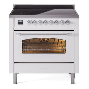 ILVE Nostalgie II 36-Inch Induction Range with 6 Induction Elements, 3.5 cu. ft. Oven, White with Chrome Trim, Triple Glass Door, UPI366NMPWHC