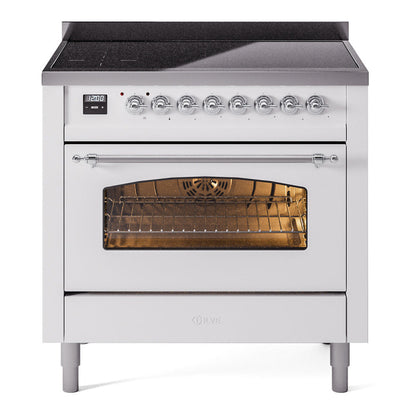 ILVE Nostalgie II 36-Inch Induction Range with 6 Induction Elements, 3.5 cu. ft. Oven, White with Chrome Trim, Triple Glass Door, UPI366NMPWHC