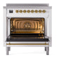 ILVE Nostalgie II 36-Inch Induction Range with 6 Induction Elements, 3.5 cu. ft. Oven, White with Brass Trim, Triple Glass Door, UPI366NMPWHG