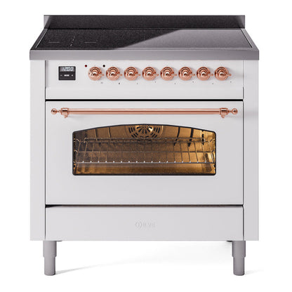 ILVE Nostalgie II 36-Inch Induction Range with 6 Induction Elements, 3.5 cu. ft. Oven, White with Copper Trim, Triple Glass Door, UPI366NMPWHP