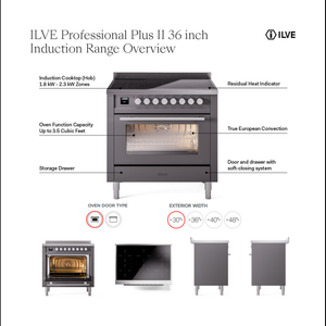 ILVE Professional Plus II 36-Inch Induction Range with 6 Induction Elements, 3.5 cu. ft. Oven, White, Solid Door, UPI366QMPWH