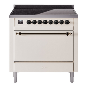 ILVE Nostalgie II 36-Inch Induction Range with 6 Induction Elements, 3.5 cu. ft. Oven, Antique White with Burnished Trim, Solid Door, UPI366QNMPAWB