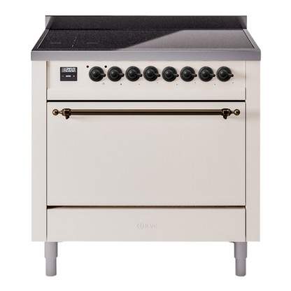 ILVE Nostalgie II 36-Inch Induction Range with 6 Induction Elements, 3.5 cu. ft. Oven, Antique White with Burnished Trim, Solid Door, UPI366QNMPAWB