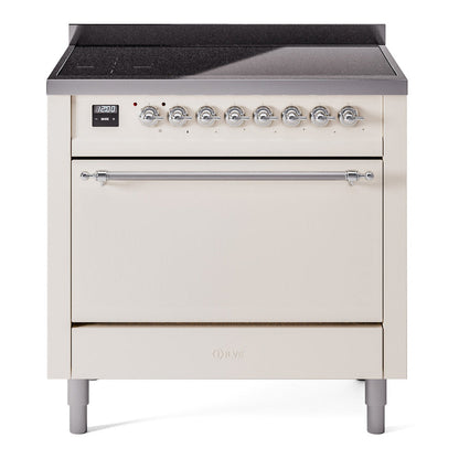 ILVE Nostalgie II 36-Inch Induction Range with 6 Induction Elements, 3.5 cu. ft. Oven, Antique White with Chrome Trim, Solid Door, UPI366QNMPAWC