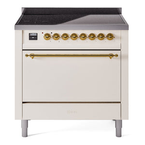 ILVE Nostalgie II 36-Inch Induction Range with 6 Induction Elements, 3.5 cu. ft. Oven, Antique White with Brass Trim, Solid Door, UPI366QNMPAWG