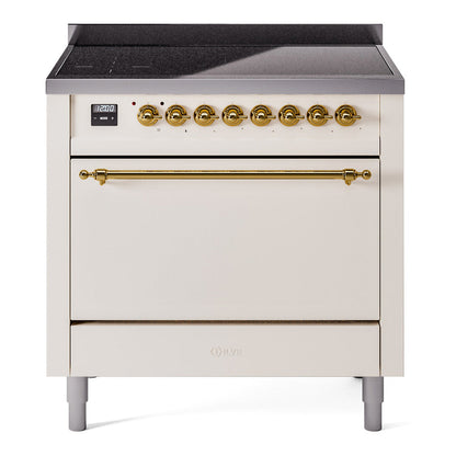 ILVE Nostalgie II 36-Inch Induction Range with 6 Induction Elements, 3.5 cu. ft. Oven, Antique White with Brass Trim, Solid Door, UPI366QNMPAWG