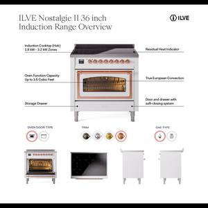 ILVE Nostalgie II 36-Inch Induction Range with 6 Induction Elements, 3.5 cu. ft. Oven, Antique White with Brass Trim, Solid Door, UPI366QNMPAWG