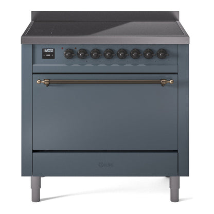ILVE Nostalgie II 36-Inch Induction Range with 6 Induction Elements, 3.5 cu. ft. Oven, Blue Grey with Burnished Trim, Solid Door, UPI366QNMPBGB