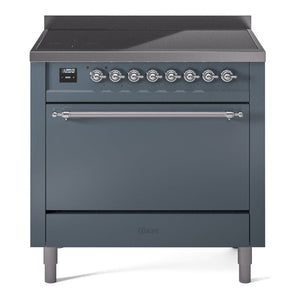 ILVE Nostalgie II 36-Inch Induction Range with 6 Induction Elements, 3.5 cu. ft. Oven, Blue Grey with Chrome Trim, Solid Door, UPI366QNMPBGC