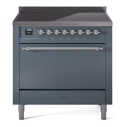 ILVE Nostalgie II 36-Inch Induction Range with 6 Induction Elements, 3.5 cu. ft. Oven, Blue Grey with Chrome Trim, Solid Door, UPI366QNMPBGC
