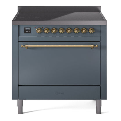 ILVE Nostalgie II 36-Inch Induction Range with 6 Induction Elements, 3.5 cu. ft. Oven, Blue Grey with Brass Trim, Solid Door, UPI366QNMPBGG