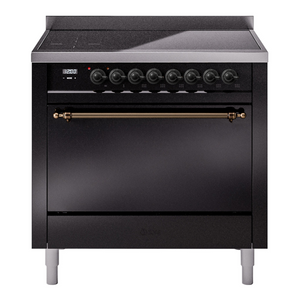 ILVE Nostalgie II 36-Inch Induction Range with 6 Induction Elements, 3.5 cu. ft. Oven, Glossy Black with Burnished Trim, Solid Door, UPI366QNMPBKB
