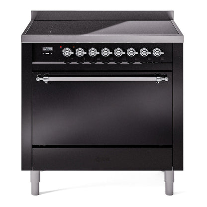 ILVE Nostalgie II 36-Inch Induction Range with 6 Induction Elements, 3.5 cu. ft. Oven, Glossy Black with Chrome Trim, Solid Door, UPI366QNMPBKC