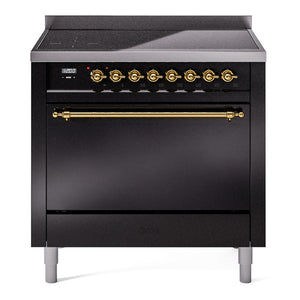 ILVE Nostalgie II 36-Inch Induction Range with 6 Induction Elements, 3.5 cu. ft. Oven, Glossy Black with Brass Trim, Solid Door, UPI366QNMPBKG