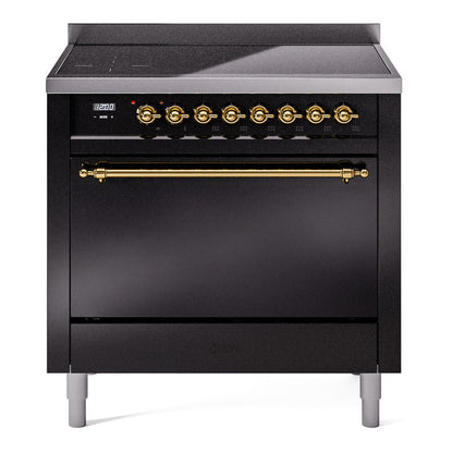 ILVE Nostalgie II 36-Inch Induction Range with 6 Induction Elements, 3.5 cu. ft. Oven, Glossy Black with Brass Trim, Solid Door, UPI366QNMPBKG
