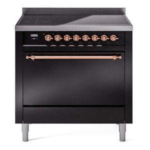 ILVE Nostalgie II 36-Inch Induction Range with 6 Induction Elements, 3.5 cu. ft. Oven, Glossy Black with Copper Trim, Solid Door, UPI366QNMPBKP
