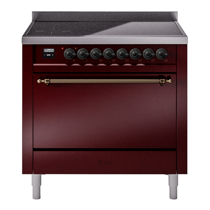 ILVE Nostalgie II 36-Inch Induction Range with 6 Induction Elements, 3.5 cu. ft. Oven, Burgundy with Burnished Trim, Solid Door, UPI366QNMPBUB