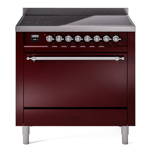 ILVE Nostalgie II 36-Inch Induction Range with 6 Induction Elements, 3.5 cu. ft. Oven, Burgundy with Chrome Trim, Solid Door, UPI366QNMPBUC