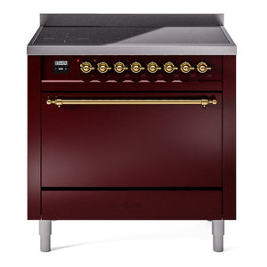 ILVE Nostalgie II 36-Inch Induction Range with 6 Induction Elements, 3.5 cu. ft. Oven, Burgundy with Brass Trim, Solid Door, UPI366QNMPBUG
