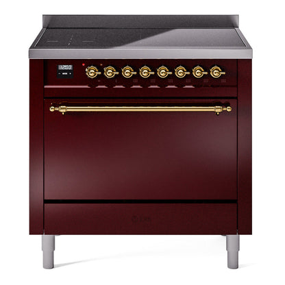 ILVE Nostalgie II 36-Inch Induction Range with 6 Induction Elements, 3.5 cu. ft. Oven, Burgundy with Brass Trim, Solid Door, UPI366QNMPBUG