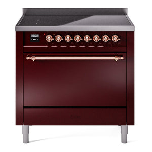 ILVE Nostalgie II 36-Inch Induction Range with 6 Induction Elements, 3.5 cu. ft. Oven, Burgundy with Copper Trim, Solid Door, UPI366QNMPBUP