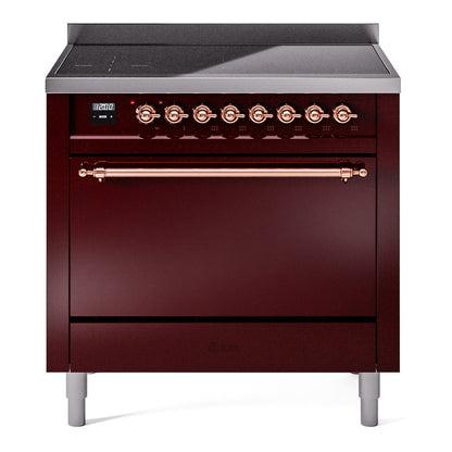 ILVE Nostalgie II 36-Inch Induction Range with 6 Induction Elements, 3.5 cu. ft. Oven, Burgundy with Copper Trim, Solid Door, UPI366QNMPBUP