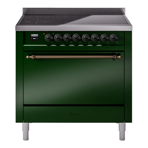 ILVE Nostalgie II 36-Inch Induction Range with 6 Induction Elements, 3.5 cu. ft. Oven, Emerald Green with Burnished Trim, Solid Door, UPI366QNMPEGB