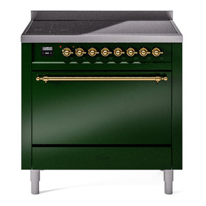 ILVE Nostalgie II 36-Inch Induction Range with 6 Induction Elements, 3.5 cu. ft. Oven, Emerald Green with Brass Trim, Solid Door, UPI366QNMPEGG