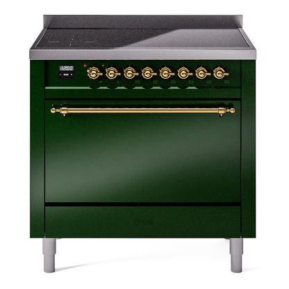 ILVE Nostalgie II 36-Inch Induction Range with 6 Induction Elements, 3.5 cu. ft. Oven, Emerald Green with Brass Trim, Solid Door, UPI366QNMPEGG