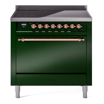 ILVE Nostalgie II 36-Inch Induction Range with 6 Induction Elements, 3.5 cu. ft. Oven, Emerald Green with Copper Trim, Solid Door, UPI366QNMPEGP