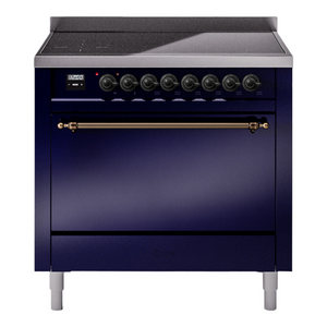 ILVE Nostalgie II 36-Inch Induction Range with 6 Induction Elements, 3.5 cu. ft. Oven, Midnight Blue with Burnished Trim, Solid Door, UPI366QNMPMBB