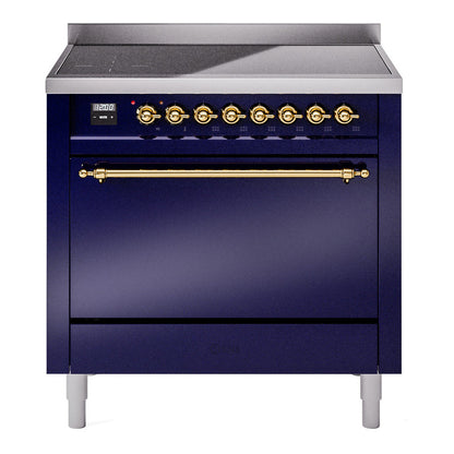 ILVE Nostalgie II 36-Inch Induction Range with 6 Induction Elements, 3.5 cu. ft. Oven, Midnight Blue with Brass Trim, Solid Door, UPI366QNMPMBG