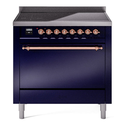 ILVE Nostalgie II 36-Inch Induction Range with 6 Induction Elements, 3.5 cu. ft. Oven, Midnight Blue with Copper Trim, Solid Door, UPI366QNMPMBP
