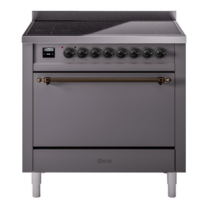 ILVE Nostalgie II 36-Inch Induction Range with 6 Induction Elements, 3.5 cu. ft. Oven, Graphite Matte with Burnished Trim, Solid Door, UPI366QNMPMGB
